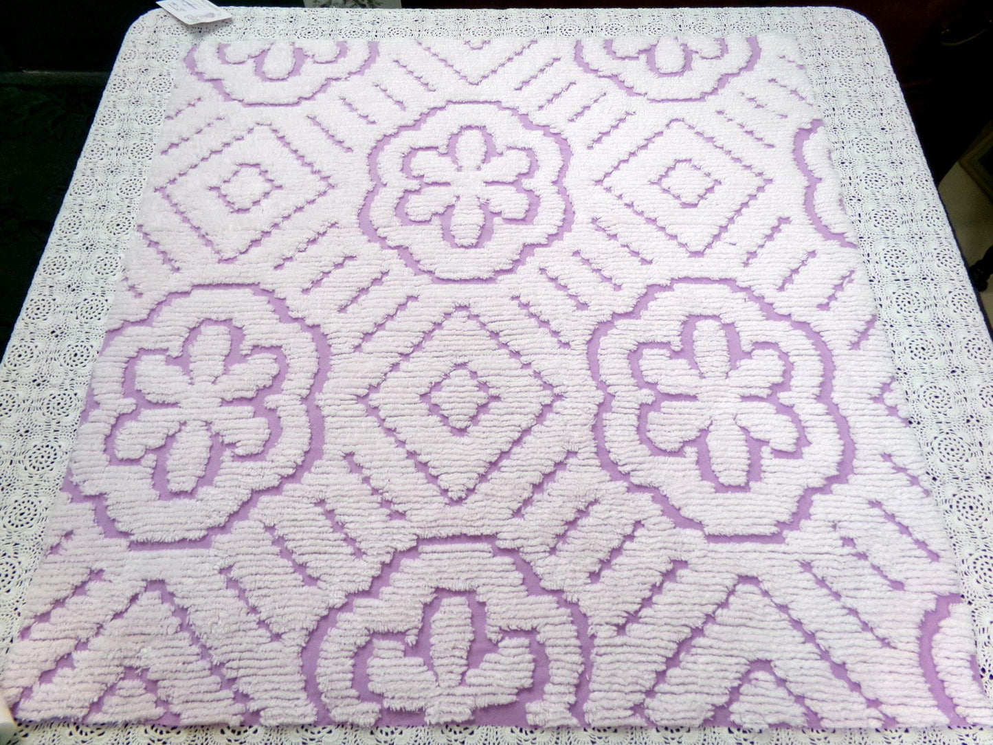 Lavender White Vintage Chenille Fabric Piece 25x26" Daisy Diamond Geometric