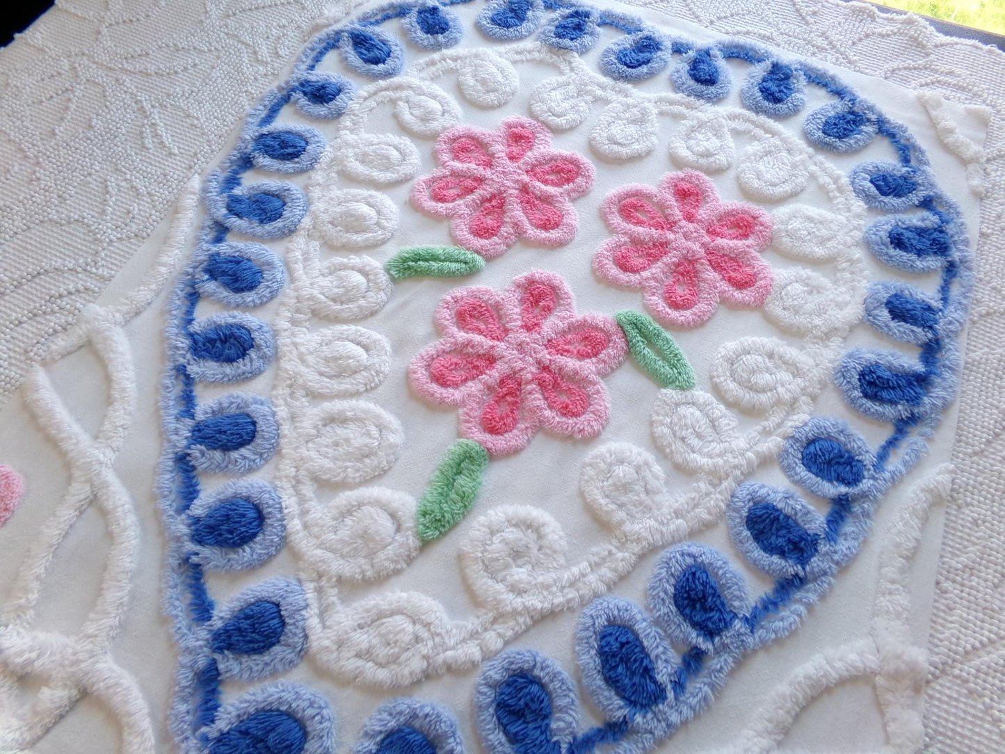 shabby heart vintage chenille fabric, pink roses w/ blue curlicue swirls, 18" x 22" piece of sewing material great for pillow