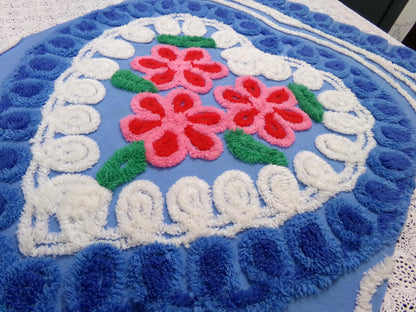 American Spirit Vintage Chenille Fabric Blue Floral Heart Scroll 19x24"
