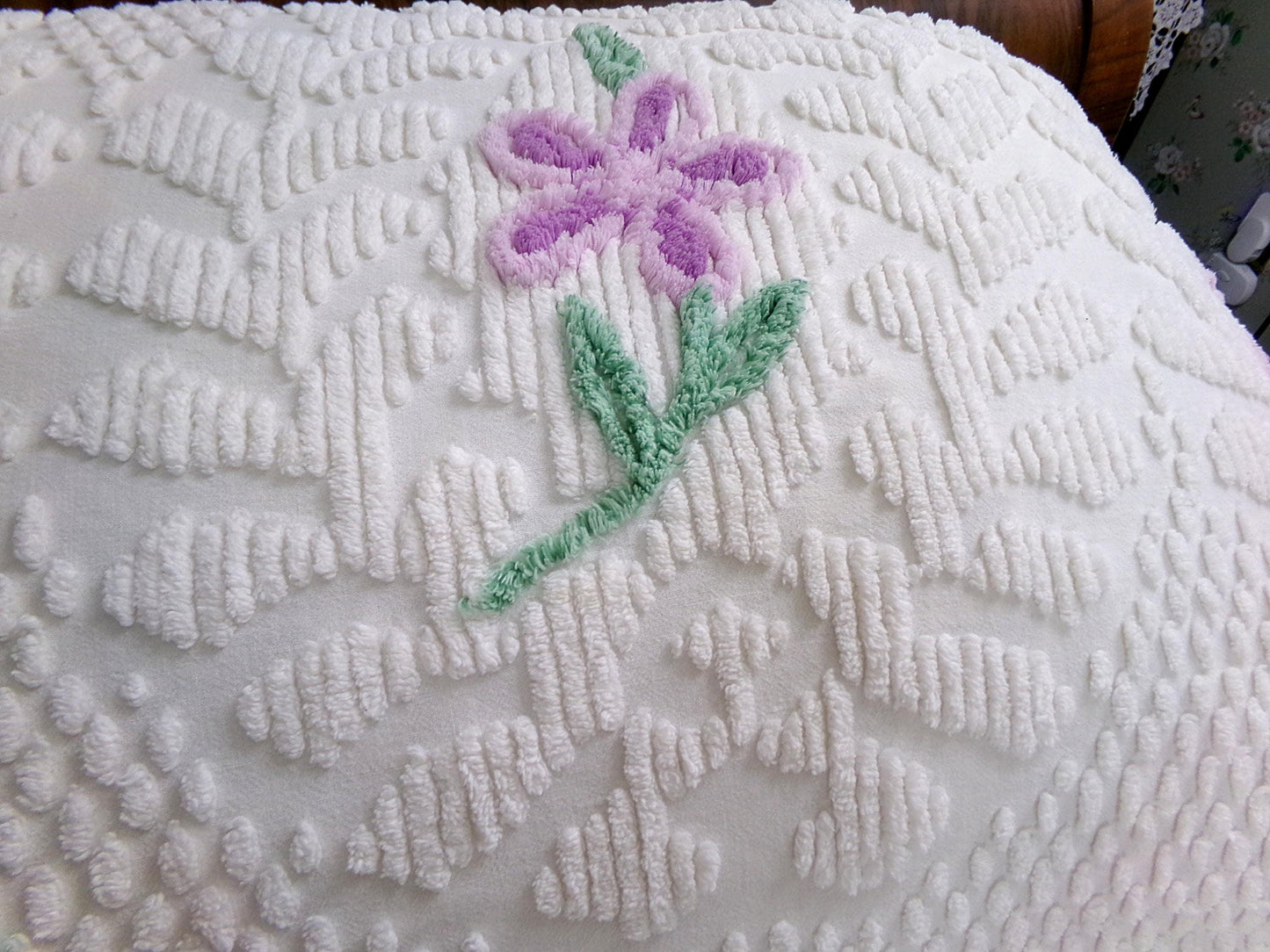 sculpted lilacs vintage white chenille bedspread, full size cotton summer cottage bedding