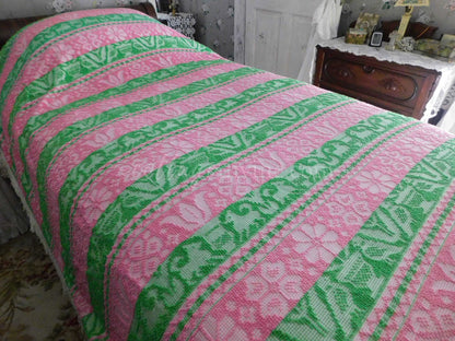 Boho Vintage Bedspread, Woven Chenille Folk Art Pink & Green Hobnail w/ Fringe, Twin Sz