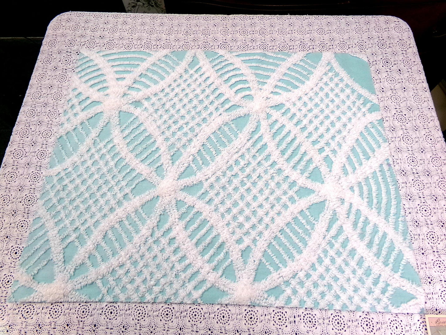 Aqua White Vintage Chenille Fabric 20x24" Geometric Quilt Material