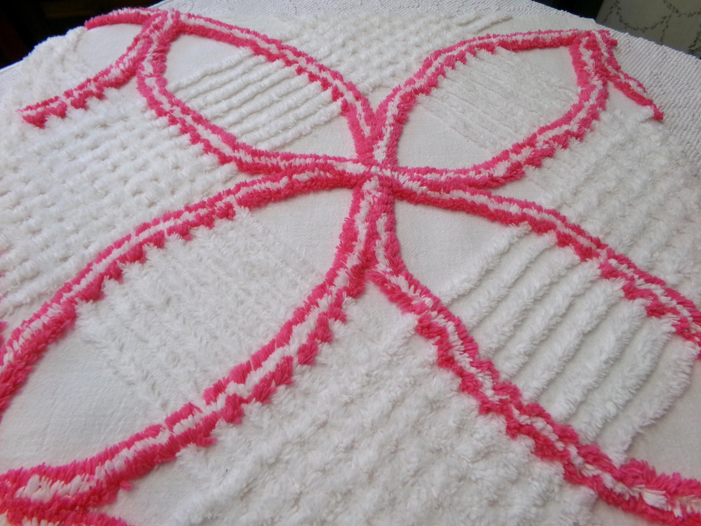 Vintage Hot Pink White Chenille Fabric: Geometric Pattern Retro Mid Century Textile Craft Quilting Supplies, 20" x 25" Piece