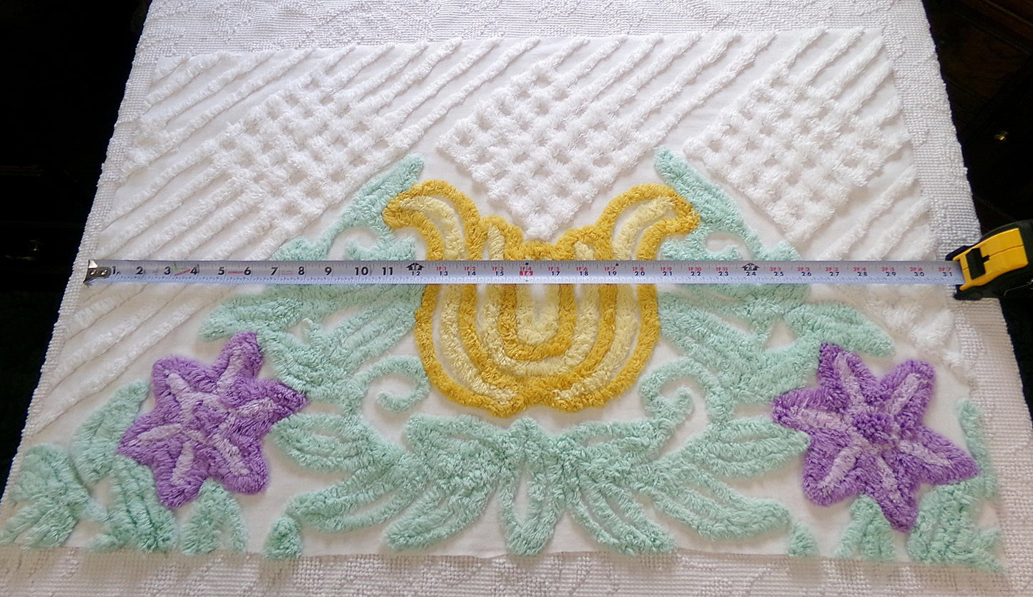 giant tulip vintage chenille fabric w/ purple star flowers on white cotton, 19" x 29" piece of sewing material