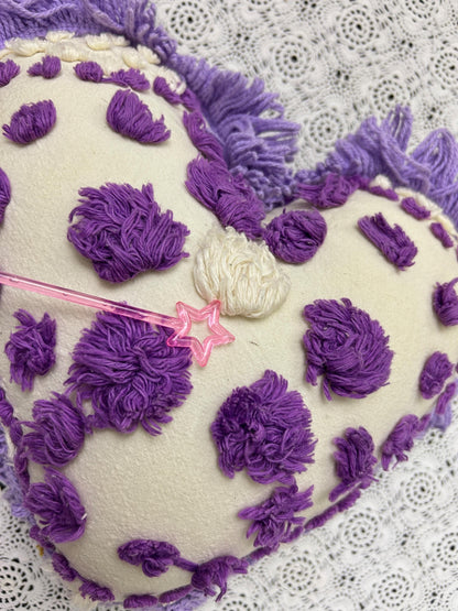 Vintage Heart Chenille Pillow, Shabby Iris Floral Reversible Fringed Design