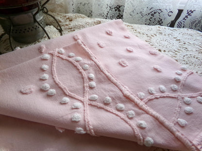 petal pink feminine chenille fabric, vintage sewing material with wideset pops & infinity link accents, lightweight 20" x 27" inch piece