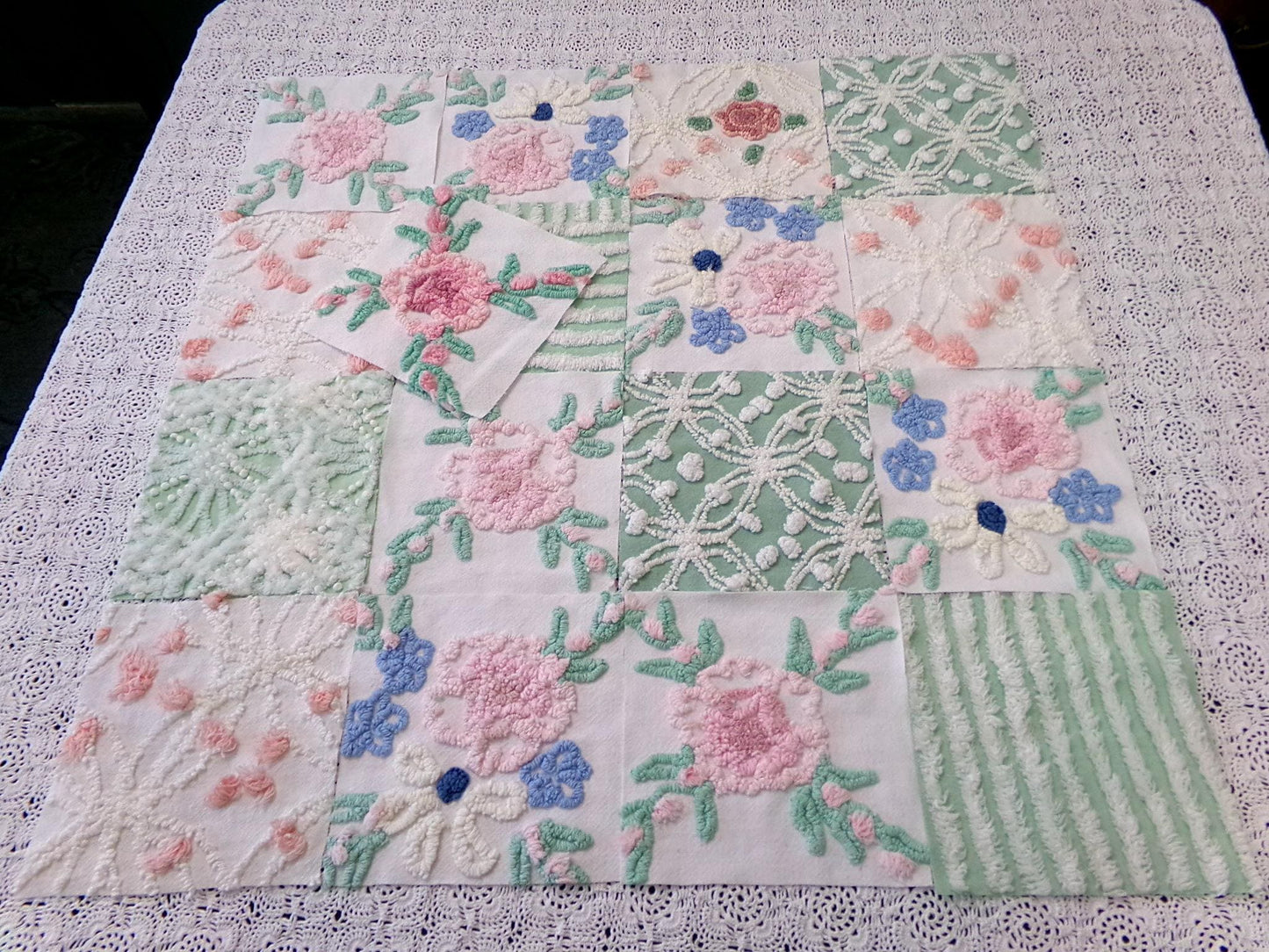 Floral Vintage Chenille Quilt Squares, Flower Medley 6" Fabric Blocks, Set of 17 for Quilting & Crafts