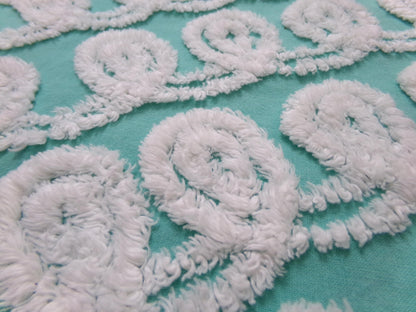 Soothing White Curly Loops Jade Vintage Chenille Bedspread Fabric 15" x 19" Piece