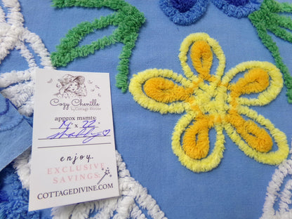 vintage shabby chenille bedspread fabric, abstract floral blue & white swirls, 14" x 22" piece