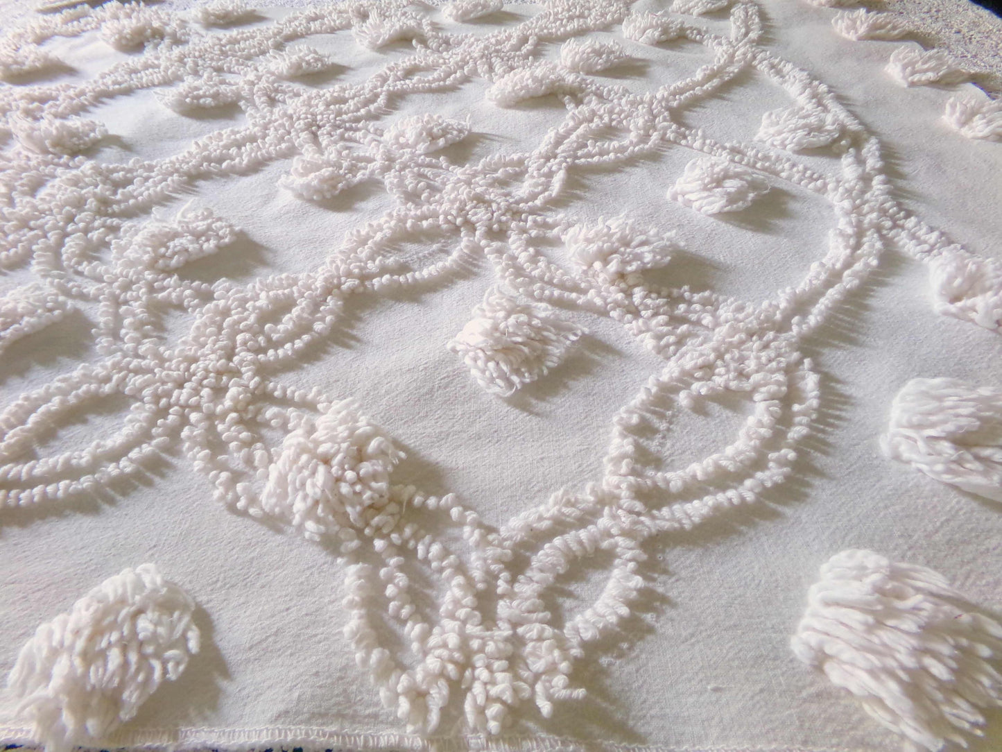 Fluffy Jumbo Pops Vintage Chenille Fabric, Shabby Chic Puffs, 21" x 25" inch Piece, Neutral Antique Cream for Pillows, Quilting