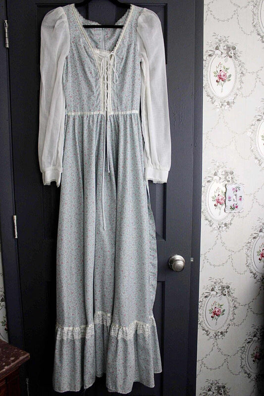 Vintage Gunne Sax Maxi Corset Dress, Dreamy Blue Calico Floral 1970s Prairie Gown, Billowy Sheer Sleeves, XS