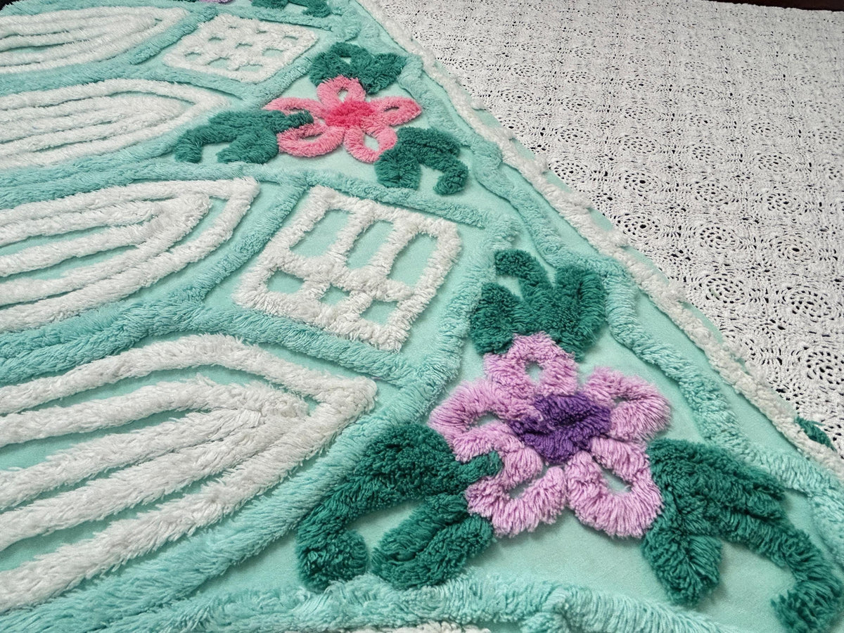 Seafoam Green Vintage Chenille Fabric, Plush Tropical Flowers 13x34" Piece