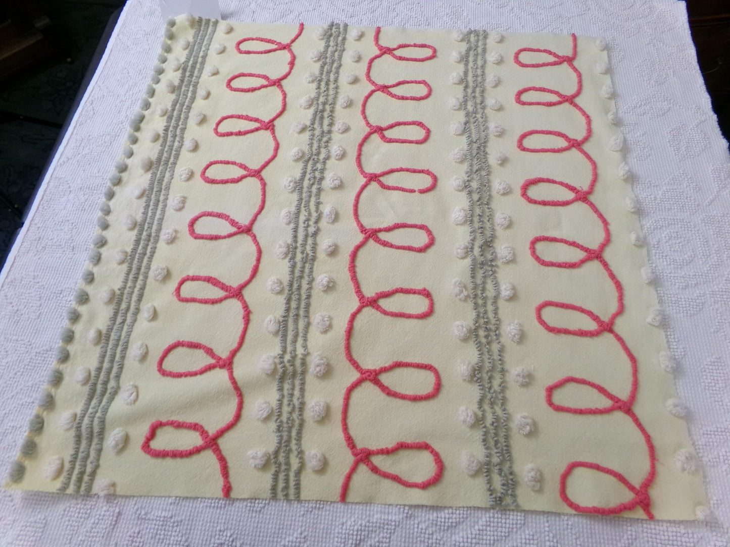 red doodles vintage chenille bedspread fabric, unique quilt & sewing material, 24" x 24" piece