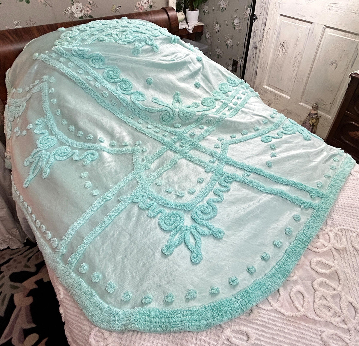 Seafoam Vintage Satin Bedspread Aqua Glamour Tufted Chenille Full Sz