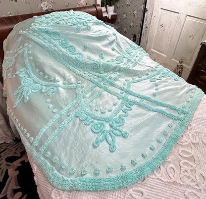 Seafoam Vintage Satin Bedspread Aqua Glamour Tufted Chenille Full Sz