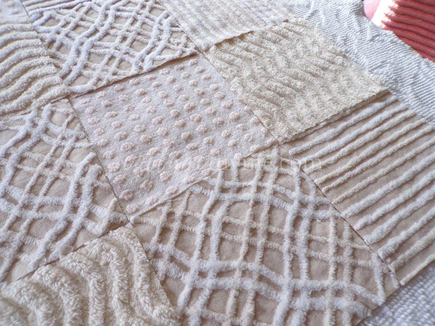 Cream Latte Quilt Squares Set from Vintage Chenille Bedspread Fabric, 16 Blocks, 6" x 6" inch, Neutral tones