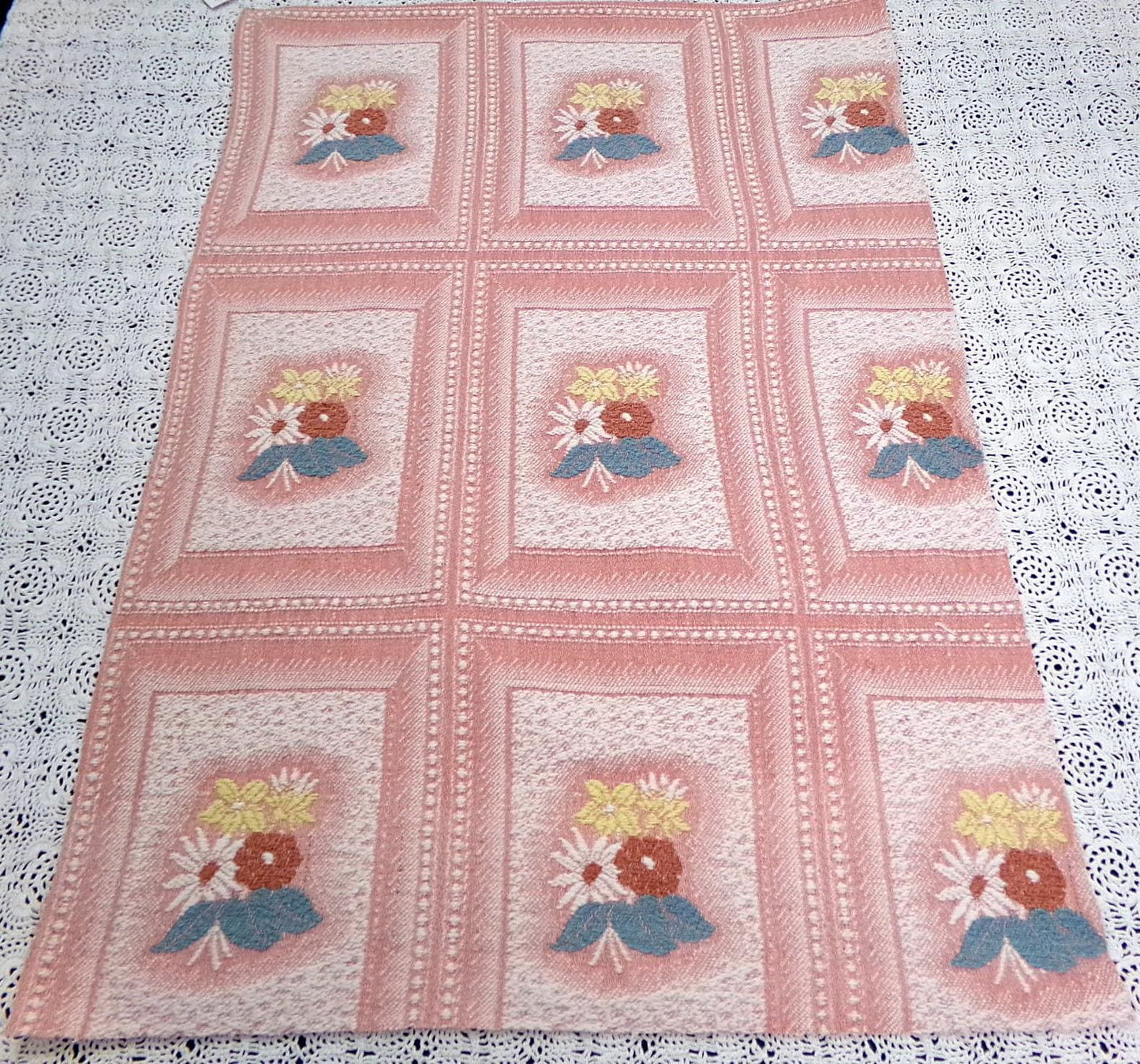 Vintage Pink Floral Fabric, Cotton Woven Cottage Windowpane Design 16.5x23"