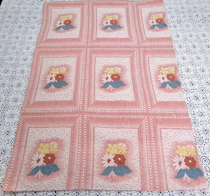Vintage Pink Floral Fabric, Cotton Woven Cottage Windowpane Design 16.5x23"
