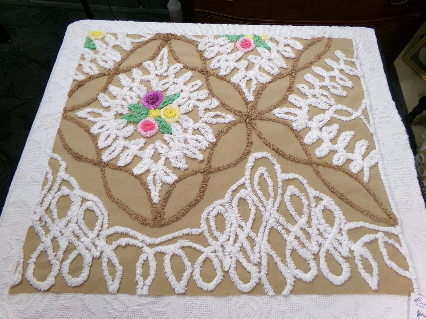 Frosted Chocolate Cake Vintage Chenille Fabric, Sewing Quilt Material 27" x 24" Piece