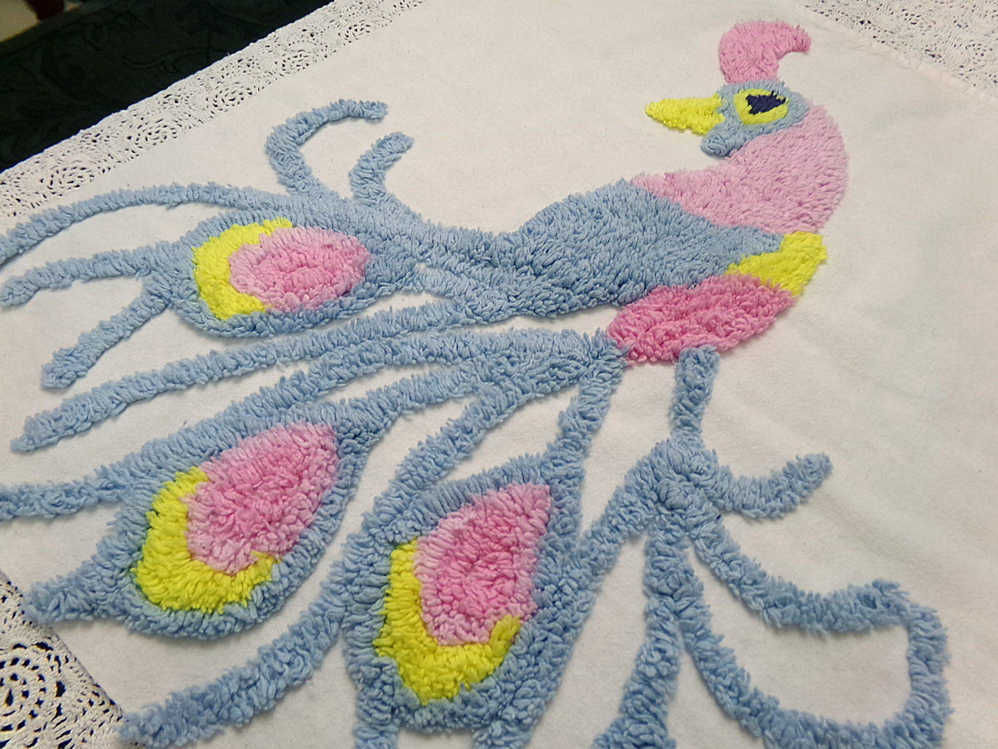 Lonely Heart Peacock Vintage Style Chenille Bedspread Fabric 18x28" Craft Panel