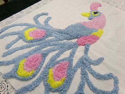 Lonely Heart Peacock Vintage Style Chenille Bedspread Fabric 18x28" Craft Panel