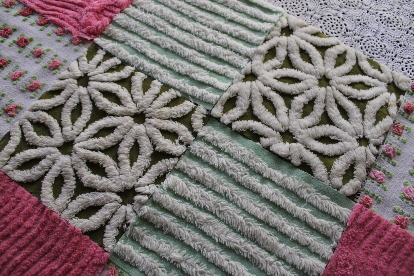 boho daisy rose vintage 6" chenille fabric squares, set of 16 textured quilt blocks in olive green, rosy pinks & white for sewing, crafts