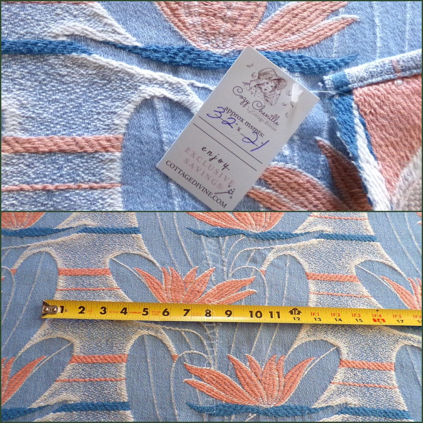 tranquil water lily vintage woven fabric piece, 21" x 32" inch reversible sewing material, calming blue & coral lilies