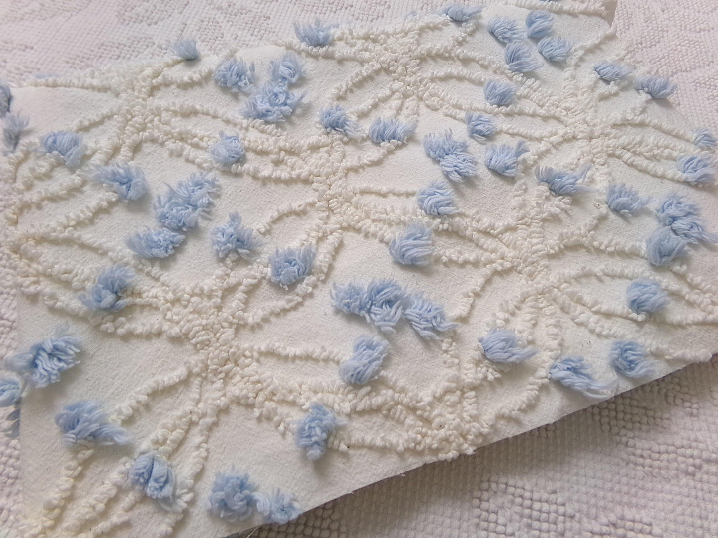 Coastal Style Vintage Chenille Bedspread Fabric, Delicate Wedding Rings & Sky Blue Dots, 18" x 25"
