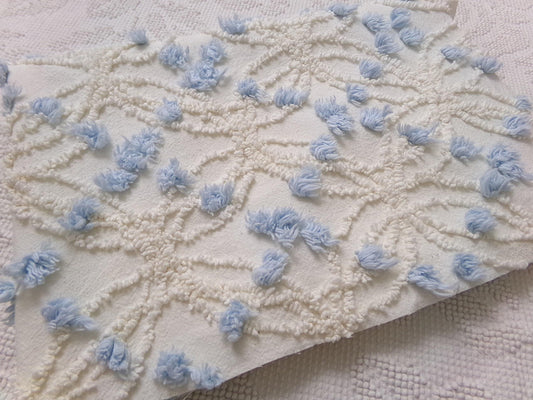 Coastal Style Vintage Chenille Bedspread Fabric, Delicate Wedding Rings & Sky Blue Dots, 18" x 25"