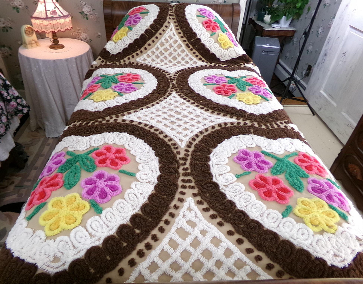 Vintage Chenille Bedspread, Rainbow Hearts Chocolate Brown, Full Size