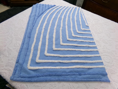 vintage chenille bedspread fabric, blue & white wave design, 27" x 19"