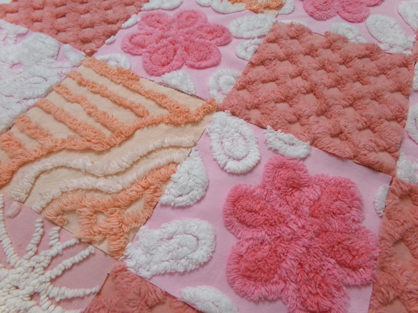 Strawberry Peach Vintage Chenille Fabric Squares Set, 16 Quilt Blocks, 6" x 6" inches each, for Quilting, Sewing, DIY Pillows