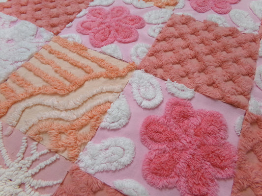 Strawberry Peach Vintage Chenille Fabric Squares Set, 16 Quilt Blocks, 6" x 6" inches each, for Quilting, Sewing, DIY Pillows