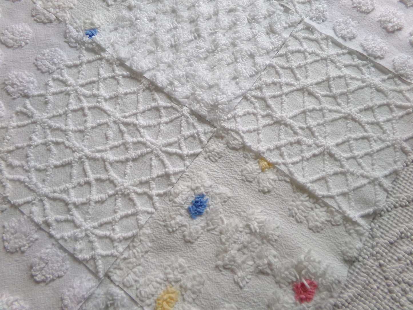 winter whimsy white chenille fabric squares, 16 vintage 6" x 6" quilt blocks, pops, webbed, diamond lattice & daisies for sewing, crafts