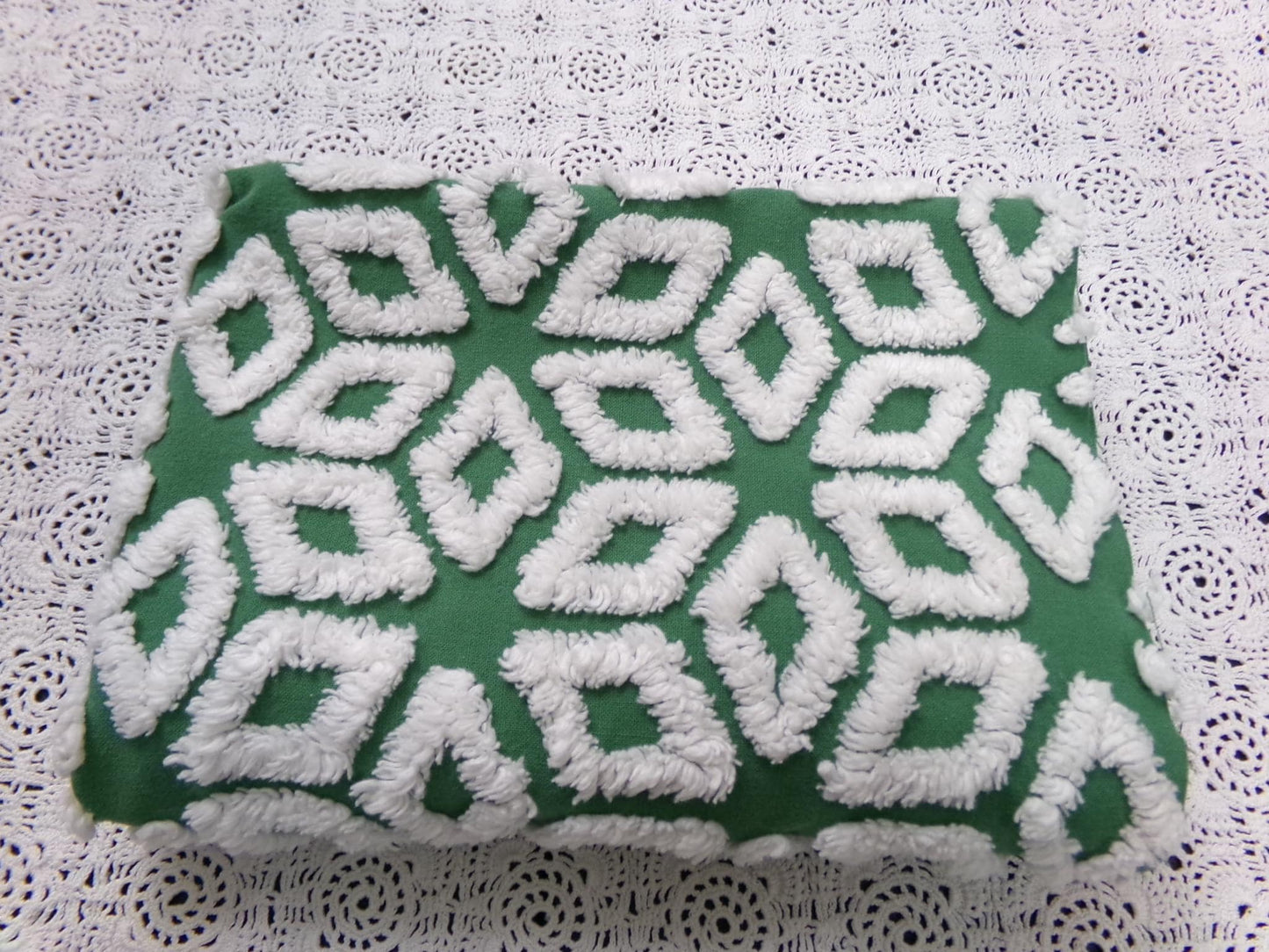 White Snowflake Vintage Chenille Fabric, Christmas Green 17.5x26" Piece