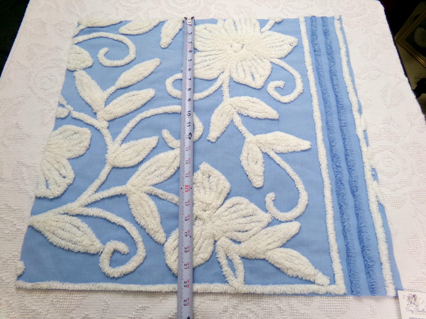 botanical blue vintage chenille fabric, super plush white florals, 21" x 23" piece sewing material