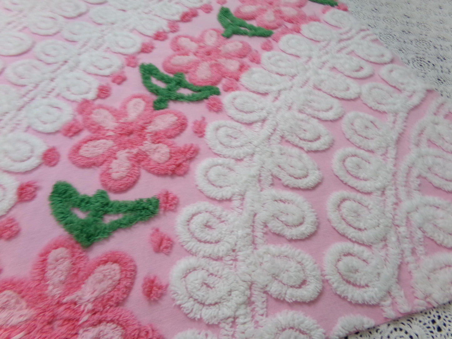 SweetPea Pink Floral Arc Vintage Chenille Bedspread Fabric, 20" x 25" piece