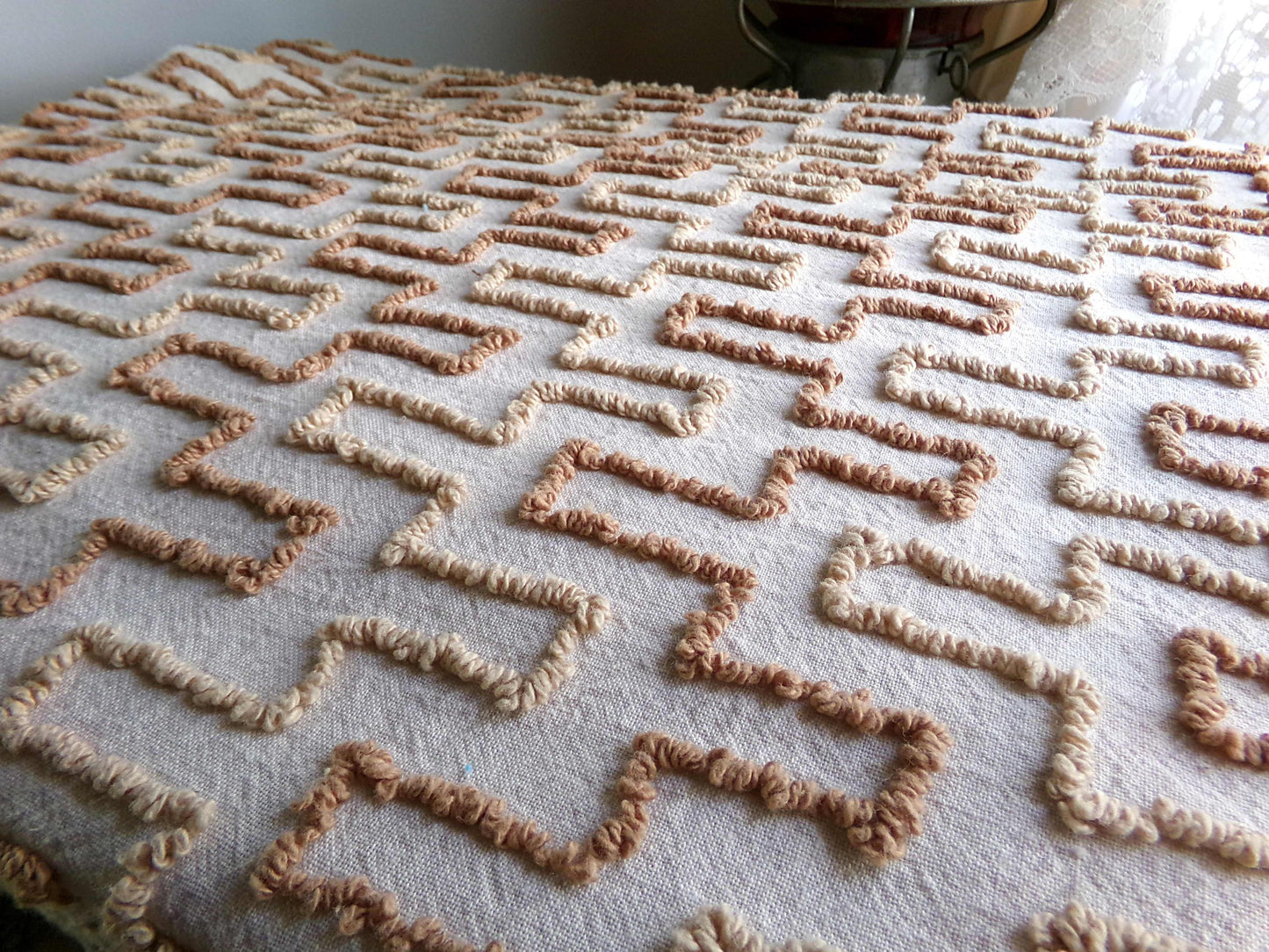 sandy sandcastles vintage chenille fabric, two tone honey golden brown geometric design, 18" x 24" inch piece for quilting, crafts & sewing