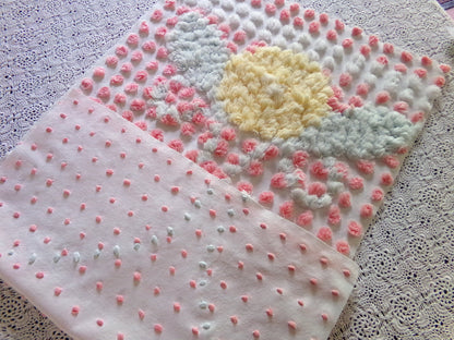 Precious Pink Pops Vintage Chenille Fabric, 15" x 28" Inch Piece, 100% Cotton, Antique Handtufted Plush Flower, Great for DIY Pillows
