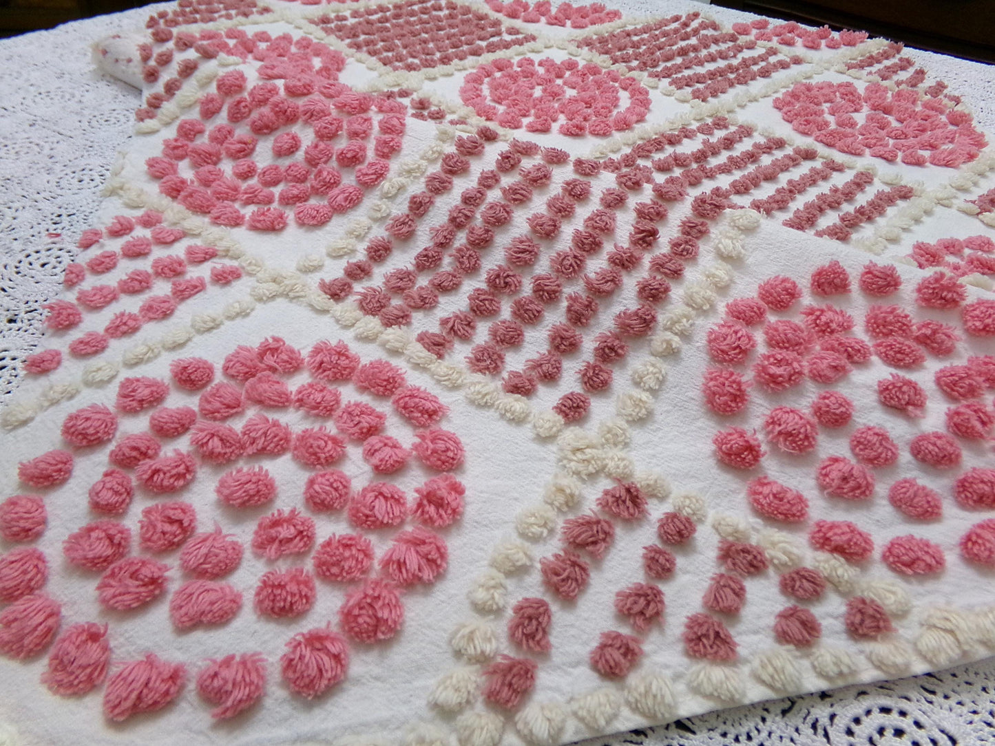 Rose Pink Diamond Pops Vintage Chenille Fabric 20 x 24" Shabby Sewing Quilt Material