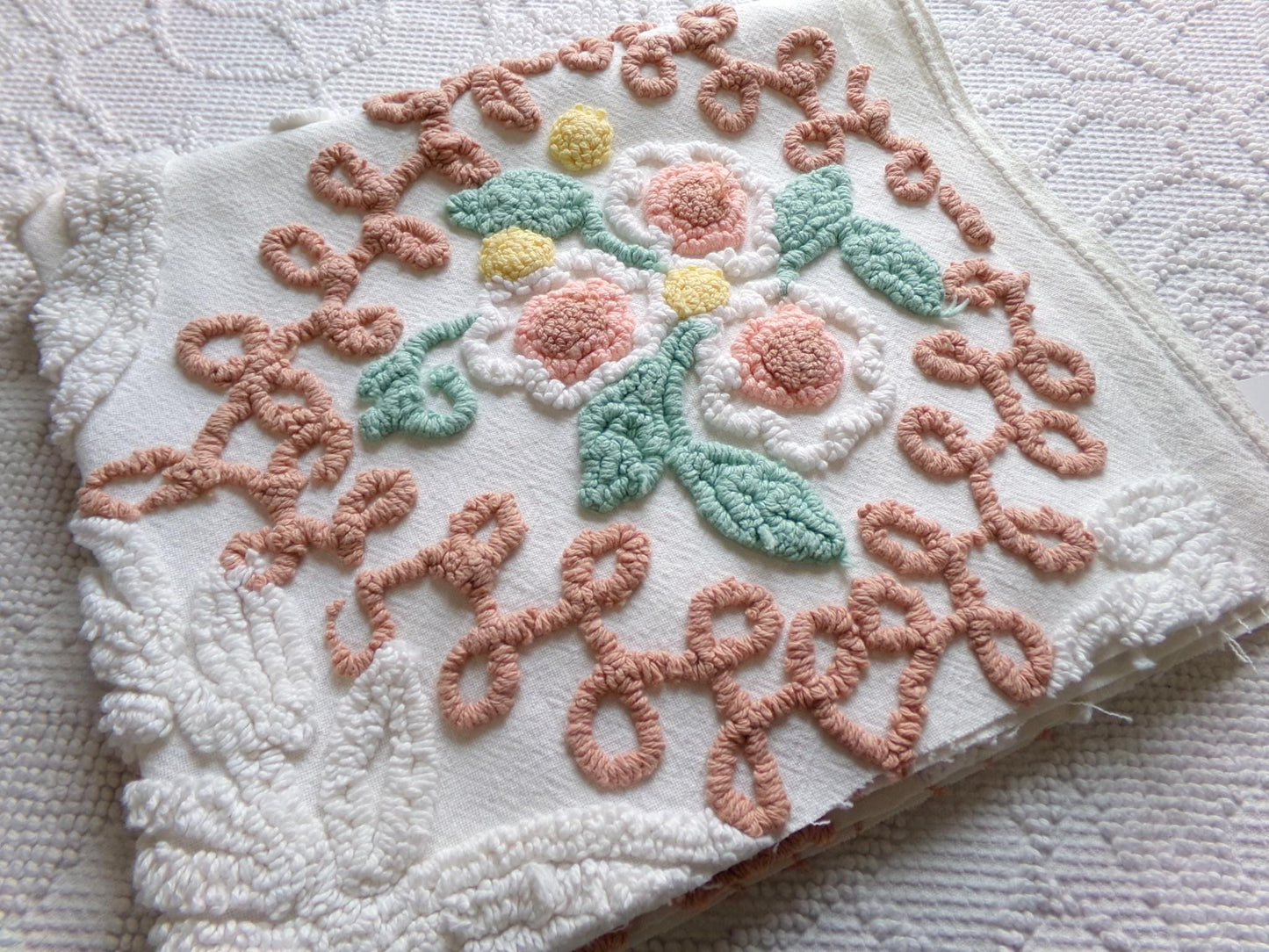 vintage chenille bedspread fabric, natural boho floral 20" x 20" piece sewing material