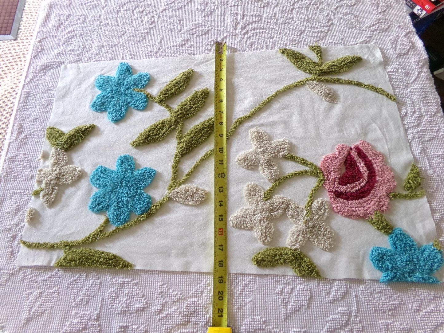 wild rose vintage chenille fabric, sewing material for floral appliques, quilts 15" x 26"