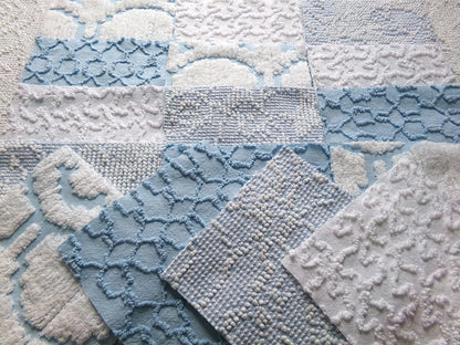 seaside wanderings chenille fabric squares, 16 vintage 6" quilt blocks in coastal blue & white, for sewing, crafts, fiber arts