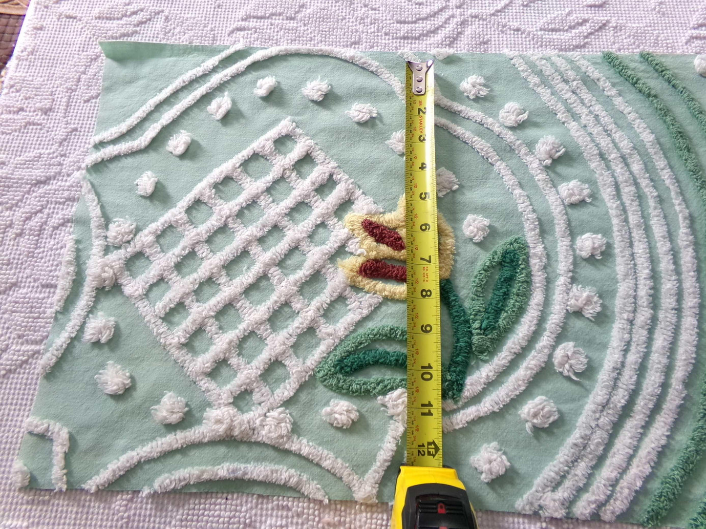 springtime tulip vintage chenille fabric, mint green floral cotton sewing material, 13" x 23" inch piece