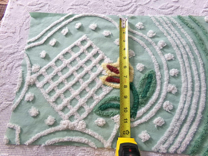 springtime tulip vintage chenille fabric, mint green floral cotton sewing material, 13" x 23" inch piece