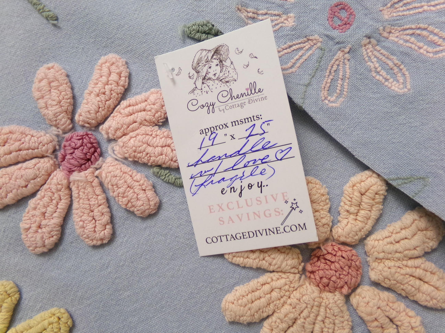Scattered Daisies Vintage Chenille Bedspread Fabric, Shabby Blue Sewing Material, 19" x 25"