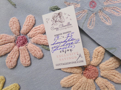 Scattered Daisies Vintage Chenille Bedspread Fabric, Shabby Blue Sewing Material, 19" x 25"