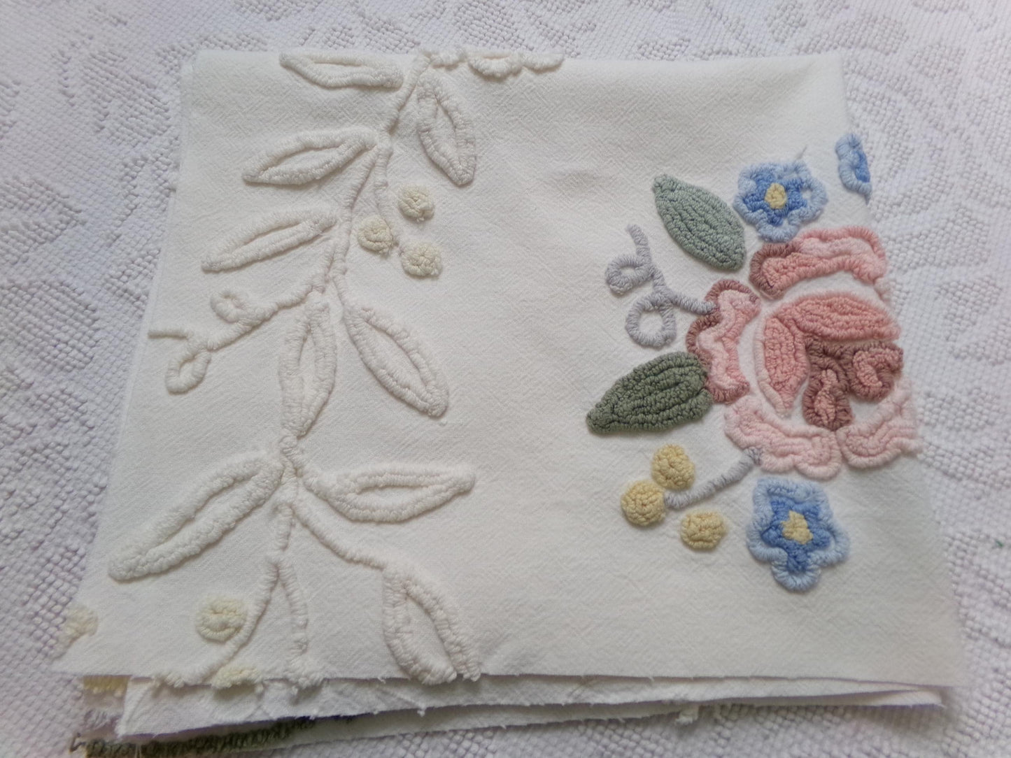 Solitary Rose Vintage Chenille Bedspread Fabric, Shabby Sweet Sewing Material, 22" x 24"
