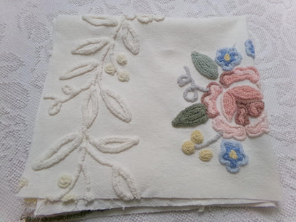 Solitary Rose Vintage Chenille Bedspread Fabric, Shabby Sweet Sewing Material, 22" x 24"