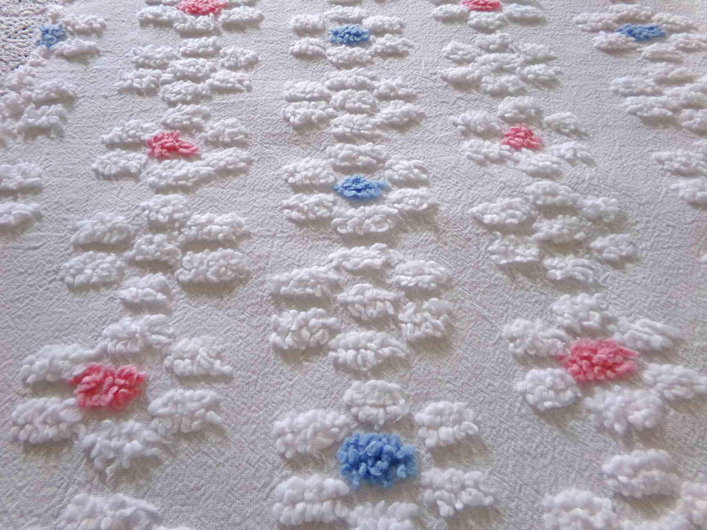 Cute Vintage Style Chenille Fabric, Y2K Daisy Pattern in White, Pink & Blue, 18" x 24" inch Piece, 100% Lightweight Cotton